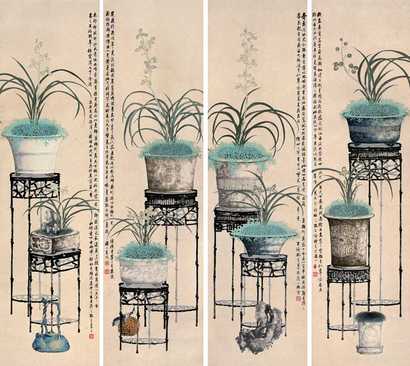 孔子瑜 花卉 四屏